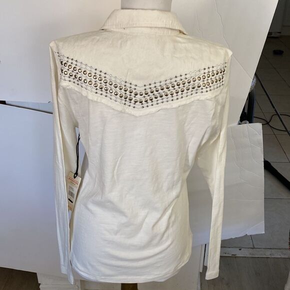 Cream silver color studs embroidered pockets faux pearl snaps 100 cotton new - Picture 4 of 5